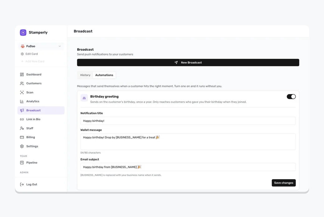 Screenshot of an automation expanded for editing: notification title, wallet message with character counter, and email subject.
