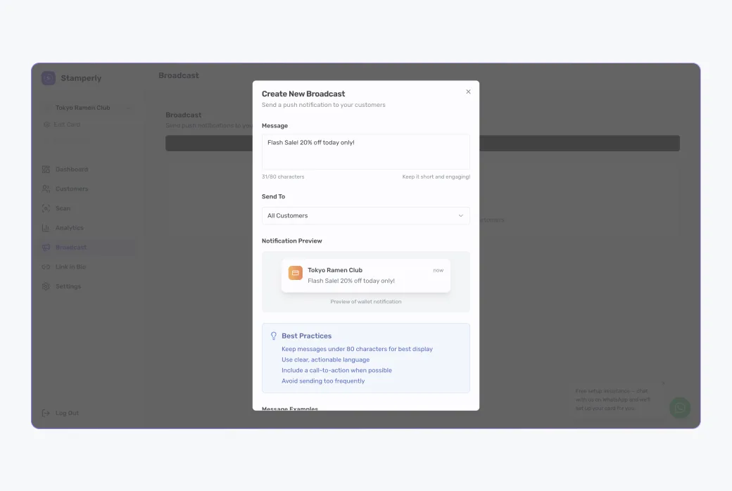 Screenshot of the broadcast compose form: message text field with character counter and the target card selected.