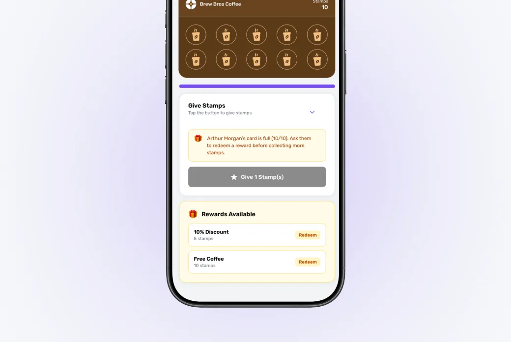 Screenshot of the redeem confirmation dialog showing the reward name and the number of stamps that will be deducted.