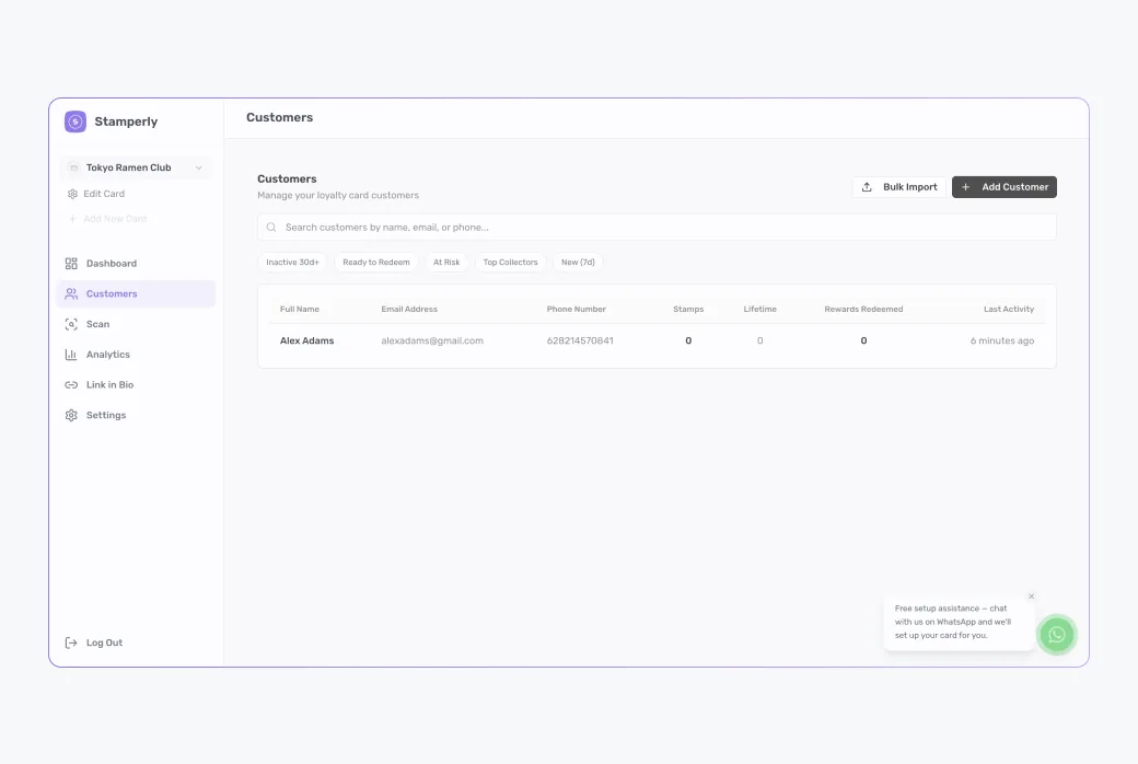 Screenshot of the Customers page: list of customers with search bar, showing name, stamps, and last visit columns.