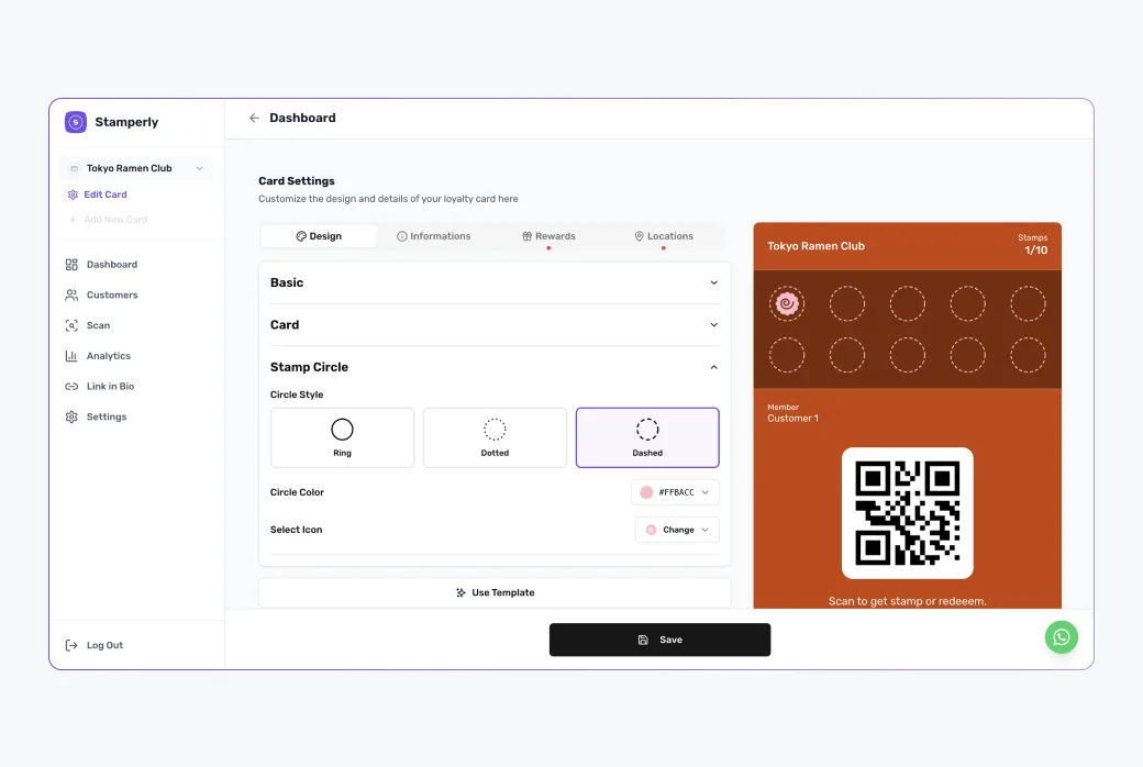 Screenshot of the card designer Design tab: the stamp slots setting (set to 10), icon and color pickers, with the live card preview beside it.
