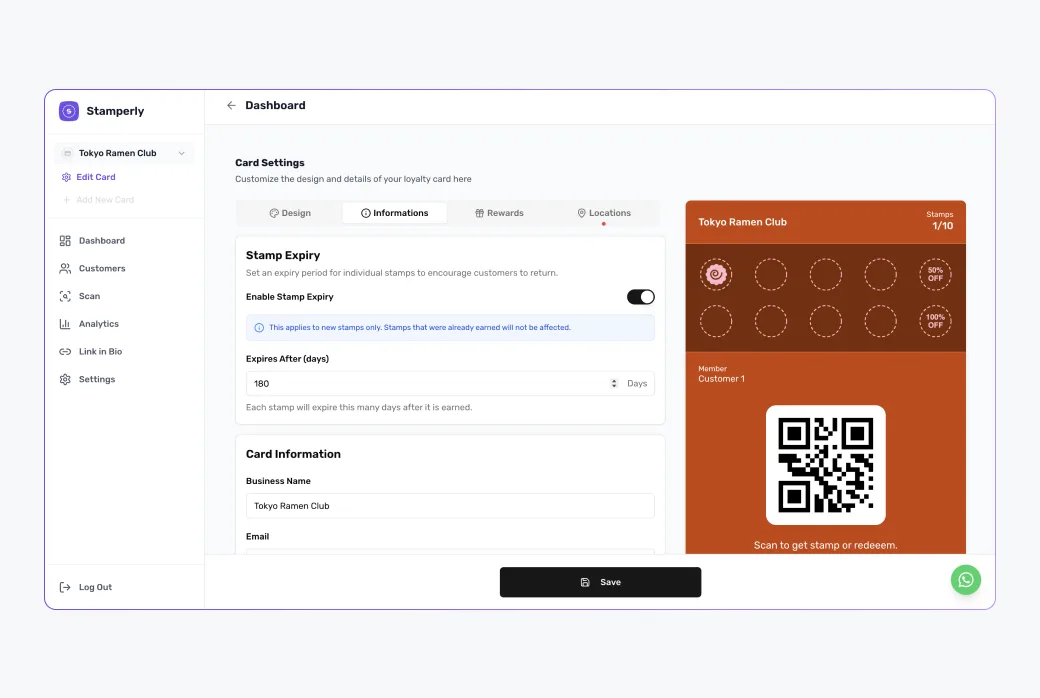 Screenshot of the card editor Information tab with the expiry options expanded (none / fixed date / days after joining).