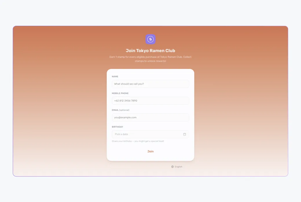 Screenshot of the public join page a customer sees (business branding, name and phone/email fields, Join button).