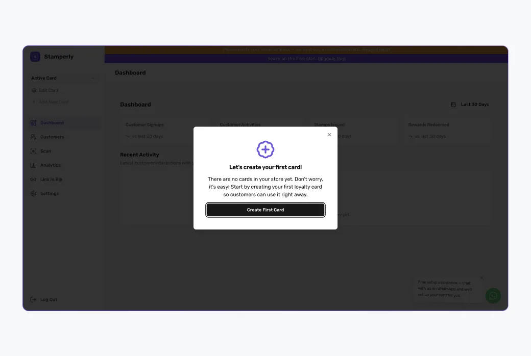 Screenshot of the new-card step showing the business name field and the card template gallery.
