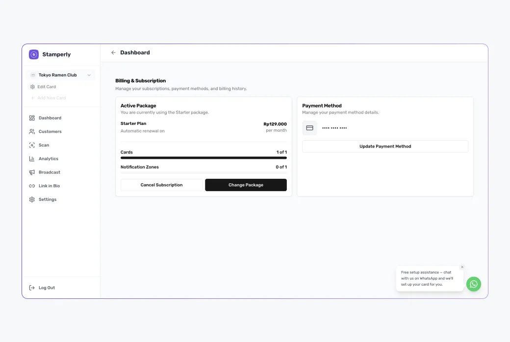 Screenshot of the Stripe billing portal where subscriptions and invoices are managed.