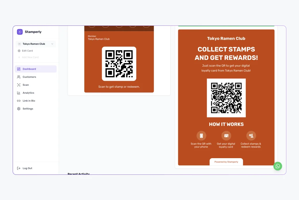 Screenshot of the printable QR banner preview in the dashboard, showing the business name and the enrollment QR code.