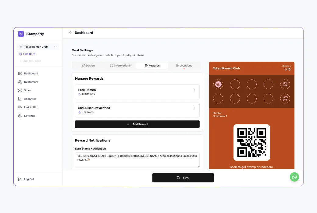 Screenshot of the Rewards section showing two rewards with different required stamp counts, e.g. a free topping at 5 stamps and a free coffee at 10.