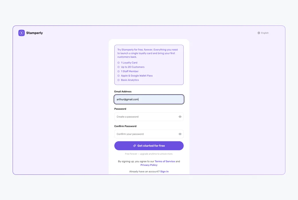 Screenshot of the Stamperly signup form at app.stamperly.com/signup, showing the email, password, and confirm password fields with the Sign up button.