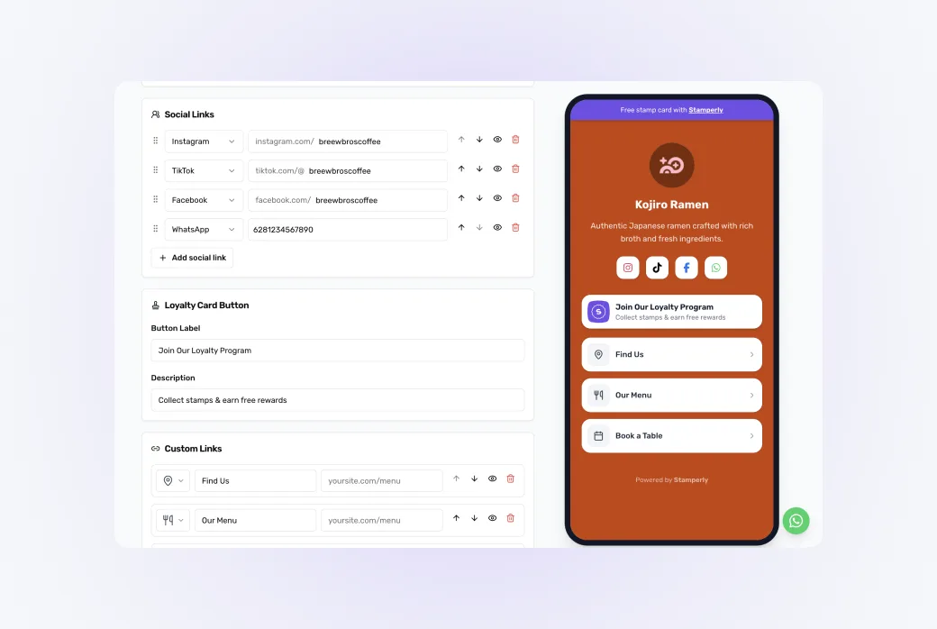 Screenshot of the link management editor in the dashboard — adding and reordering links.