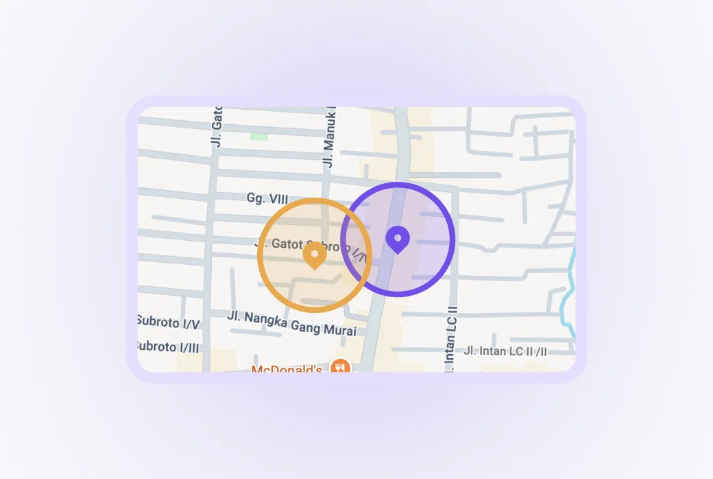 Screenshot of multiple notification zones on a map — one around the business, one around a competitor location.