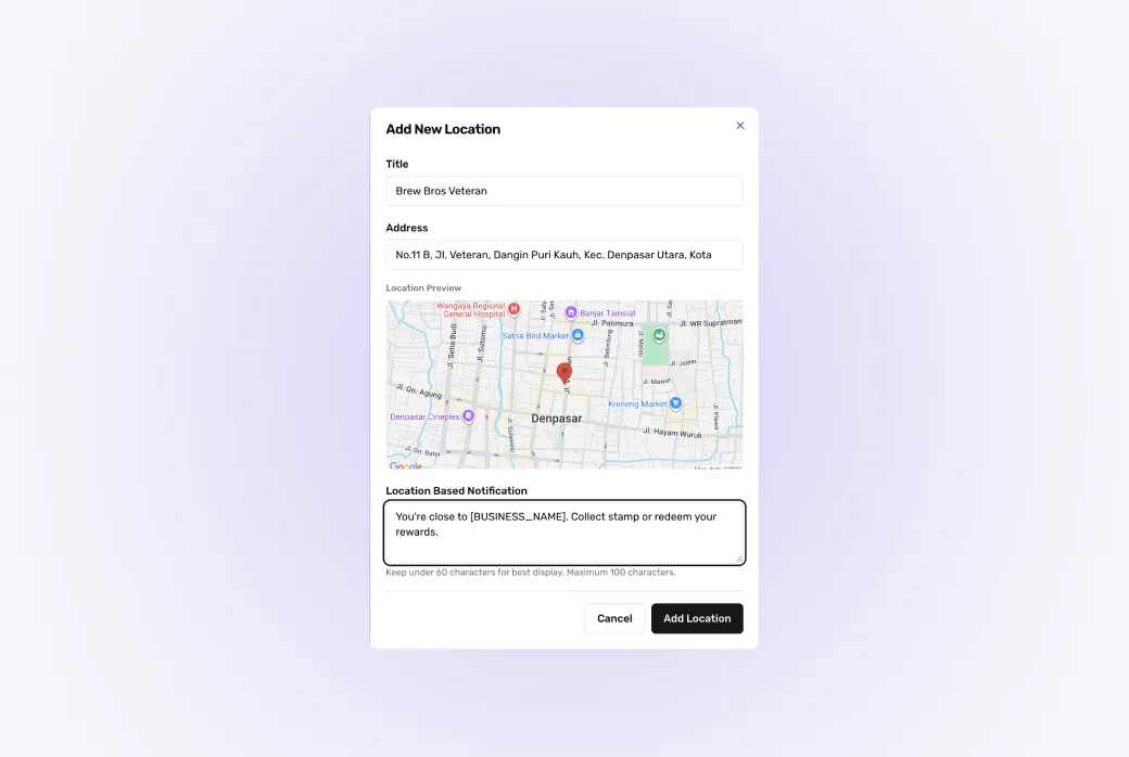 Screenshot of the notification zone editor — a map with a radius drawn around a store location.