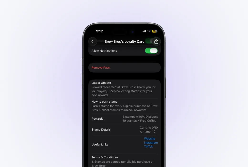 Screenshot of the card back showing business info fields and custom links.