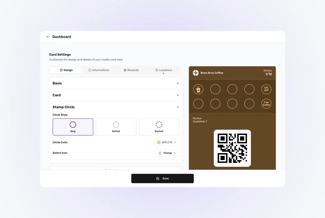 Screenshot of the card customization settings — color pickers, logo upload, and stamp icon selection fields.