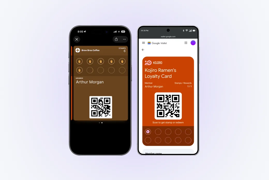 Side-by-side screenshot of the same branded card in Apple Wallet and Google Wallet.