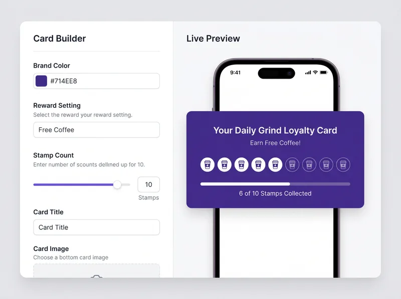 Loyalty card builder dashboard with brand color and reward settings