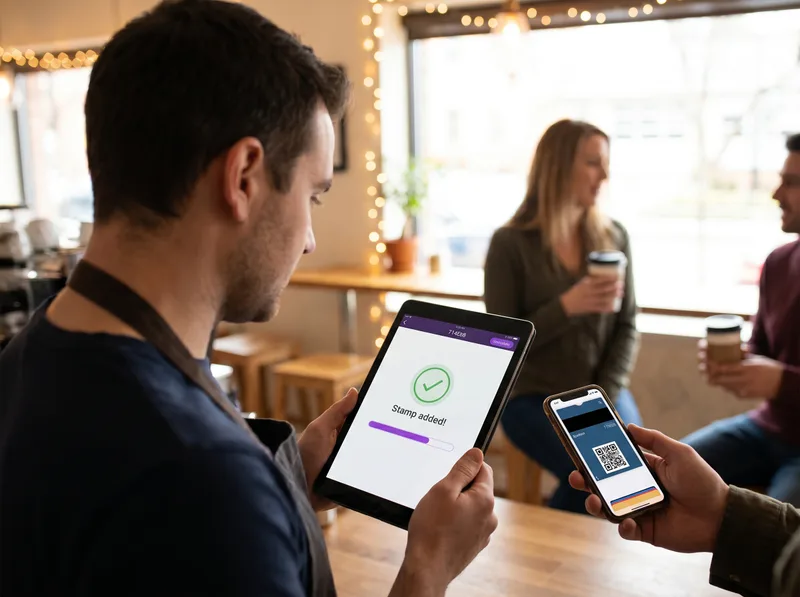 Staff scanning a customer's wallet loyalty pass on a tablet