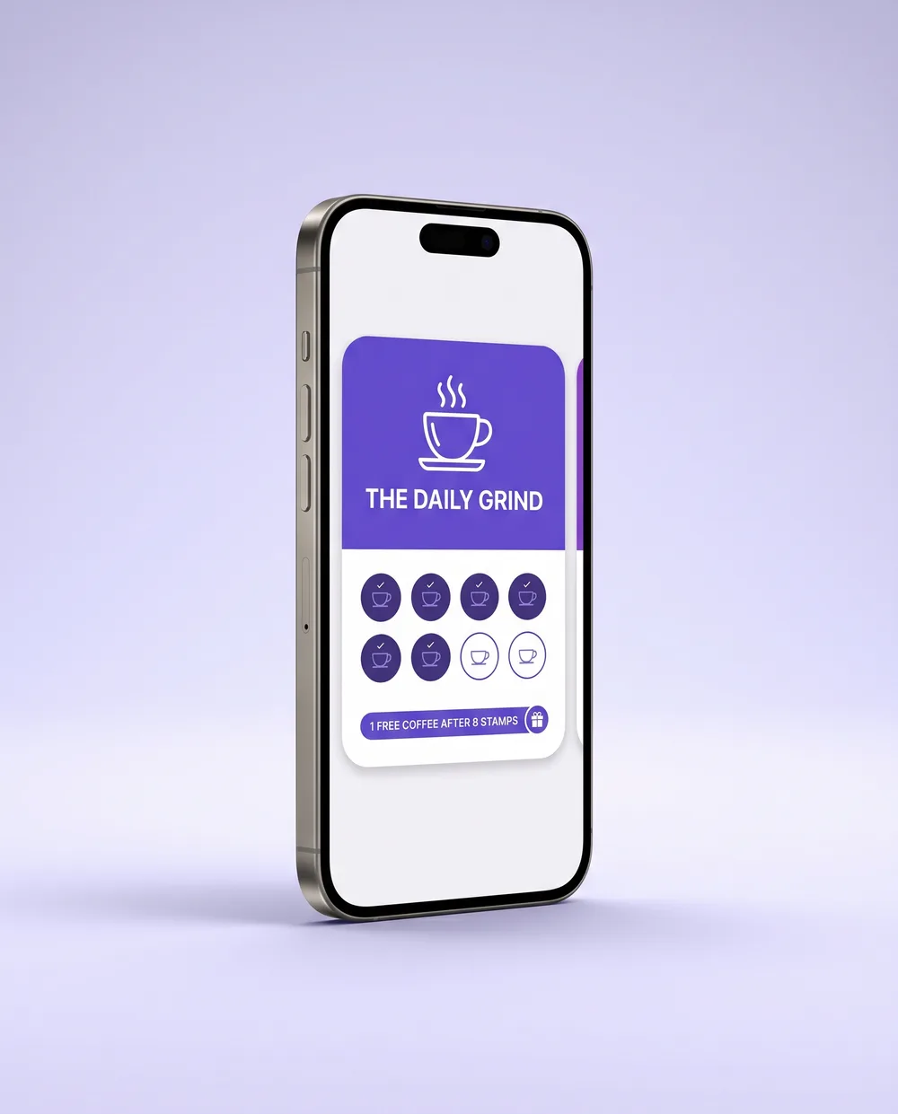 Digital coffee loyalty card inside a phone wallet with six of eight stamps collected